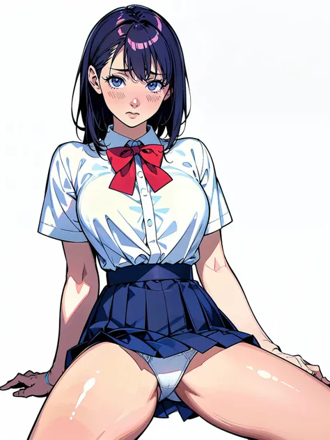 (Highest quality、Masterpiece、、Highest quality、Hyperrealism、Ultra HD)、(White polyester collared blouse:1.2)、(Navy Pleated Skirt:1.3)、( Red bow tie on chest:1.1)、Perfect Style、Perfect body line、Large Breasts、Perfect beautiful anime style、Smooth anime CG art、...