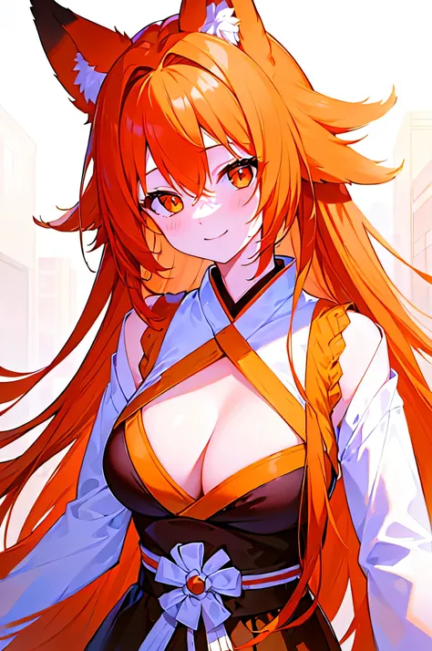 [(WHITE BACKGROUND:1.5),::5], ((((masterpiece)))), high quality, full color, breasts, from_below, focus on eyes, girl, woman, female, young, 20 years old, long hair, big hair, orange hair, light smile, fox_ears, (orange eyes), japanese_clothes,