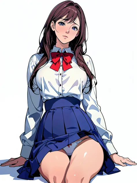 (Highest quality、Masterpiece、8K、Highest quality、Hyperrealism)、(A high school girl wearing a white blouse and a navy skirt:1.2),( Red bow tie on chest:1.1)、Long eyelashes, Good style、Her breasts are also quite large, Anime Style, Beautiful anime school girl...