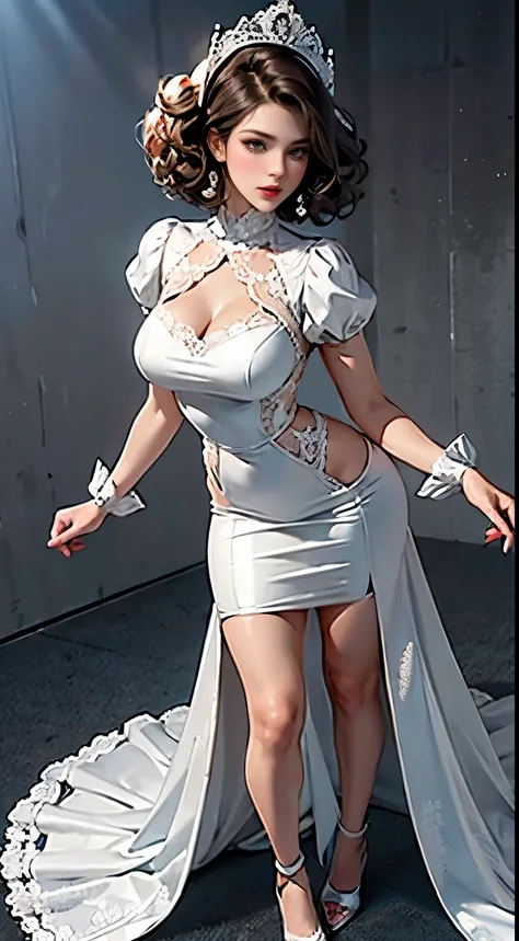 (masterpiece, best quality, realistically, Work, super detailed, 8k), ((Wide-angle lens, Full body female love)), 1 girl，Light makeup，Exquisite facial features，Dark brown hair, Pompadour hairstyle, curls，short hair，white lace gloves，lace shirt，puff sleeves...