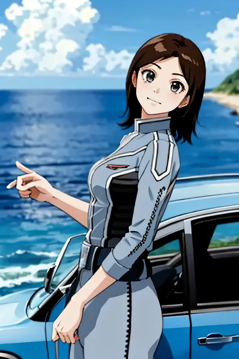 masterpiece, Highest quality, alone,One girl,View your viewers,Outdoor, Cowboy Shot,Ocean,Anime Style, Ann, car, Security guard car, Pointer