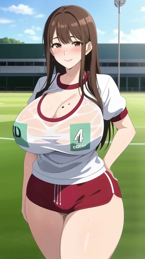 (best quality:1.5, highres, UHD, 4K, detailed lighting, shaders, perfect graphic), brown medium straight hair, huge booty, huge breasts, gym uniform, tight, gym shorts, cleavage, 1 mole on breast, wet, standing, smiling, school field, pov, (blushing:1.2) l...