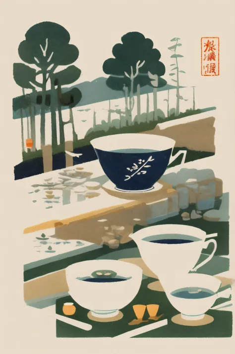 illustration: simple, woodblock printing style, meticulous chinese tea making equipment, teapot, tea cup, tea leaves, kettle, an...