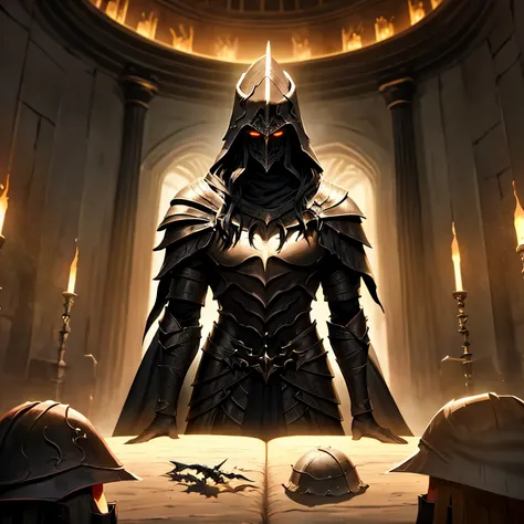 Black, terrible demonic armor, thin body, closed helmet with crown-like spires, covered with a cloak of black doom, against the background of active fulkans, Sauron, Morgoth, Melkor, the lord of the rings, the god of darkness