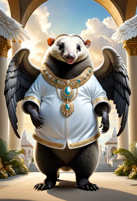  photorealistic portrait of Dressed animals-a ((fat)) ((giant anteater)) angel,(), (elegant pose:1.5), (hands on hips:1.5),(smile:1.5),high quality,(angel wings),(lovely) ,intricate details, Wearing angel clothes , (angels ring above head), highly detailed...