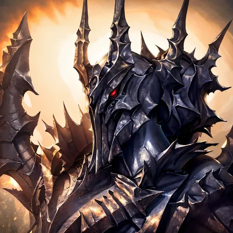 Black creepy demonic plate armor, thin body, closed helmet with crown-like spires, covered with a cloak of black doom, against the background of active volcanoes