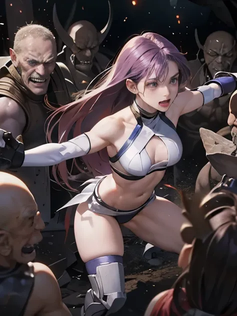 highest quality、captured by mutants、defeat、beautiful woman with very long purple hair、white armor（small breasts、i can see her cl...