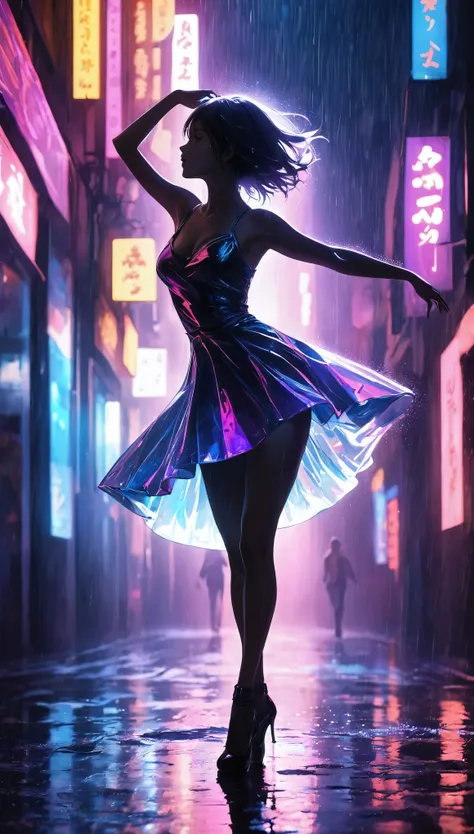 beautiful female body silhouette, sexy dance to seduce the audience, heavy rain, perfect silhouette, bold and attractive, break ...