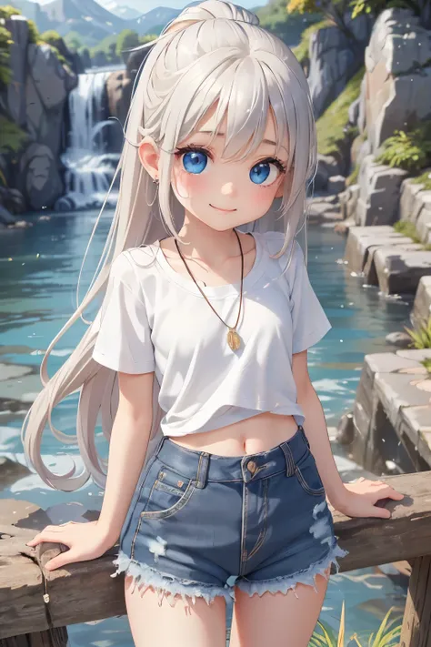 thin and soft hair、Energetic pose、Earrings、necklace、Beautiful glowing white skin,、 bright, Refreshing and gentle look, Perfect beautiful pretty face, Shiny platinum blonde straight long hair reaching down to her waist, Beautiful shiny bangs, ((Very beautif...