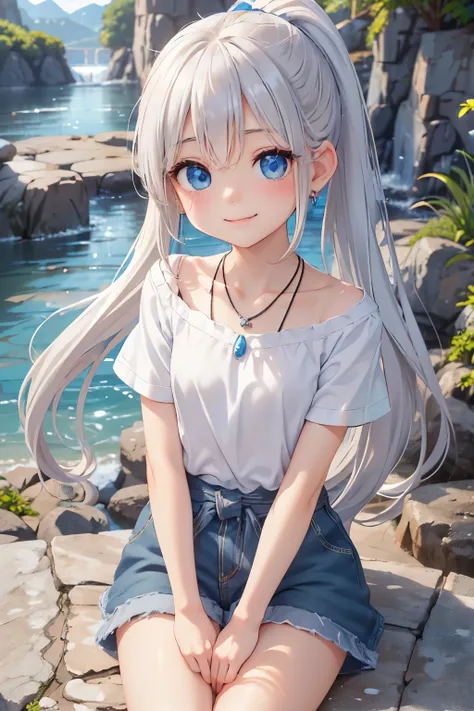 thin and soft hair、Energetic pose、Earrings、necklace、Beautiful glowing white skin,、 bright, Refreshing and gentle look, Perfect beautiful pretty face, Shiny platinum blonde straight long hair reaching down to her waist, Beautiful shiny bangs, ((Very beautif...