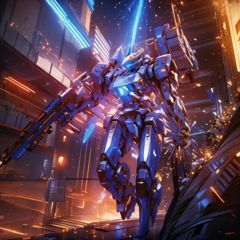 Obra de arte, melhor qualidade:1.7)Mech branco e azul com detalhes dourados, médio, segurando uma sniper azul grande. Realistic, Extremely detaild, 4K UHD, HDR, naturallight, cinematic lighting, masterpiece-anatomy-perfect, ultra HD, Space Combat, Battlefi...