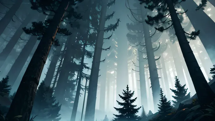 dark forest view from below , moody lighting, hyper realistic, cinematic lighting,