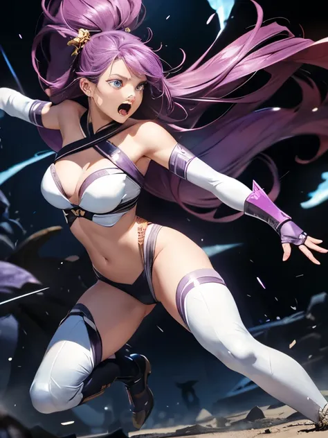 Highest quality、Captured by mutants、defeat、Beautiful woman with very long purple hair、White Armor（Small breasts、I can see her cleavage、Off the shoulder、Sleeveless、No elbow pads、belly button、High Leg、Exposed thighs）、White Armorのブーツ、Tears overflow、Crying fac...