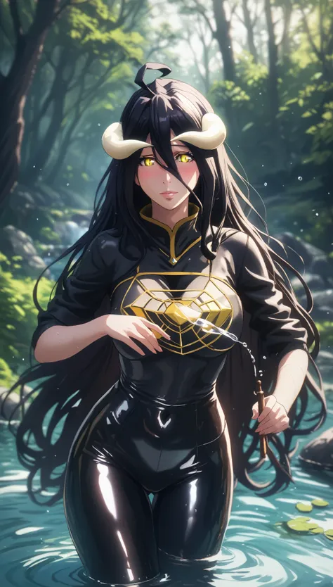 (hero neisan art style:0.7), score_9, score_8_up, score_7_up, score_6_up, uncensored, albedo, long hair, black hair, horns, demo...