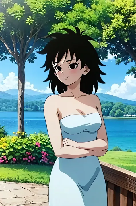 anime screencap, masterpiece, best quality, highres, outdoors, small breasts, gine, spiky black hair, 1 girl, solo, black eyes, ...