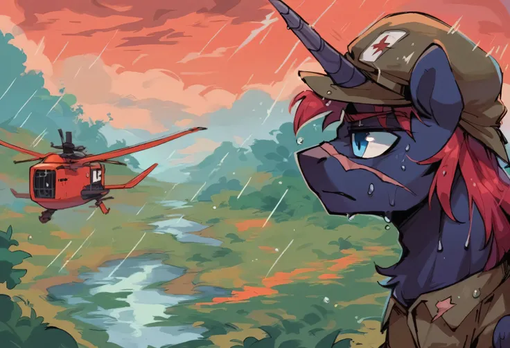 Male alicorn pony, black fur, long red hair, deep blue eyes, red feathers on wings, scar over left eye, red striping, vietnam-era helicopter pilot uniform, boonie hat, in a swamp, explosion in background, raining, wet hair, thousand-yard stare, close-up po...