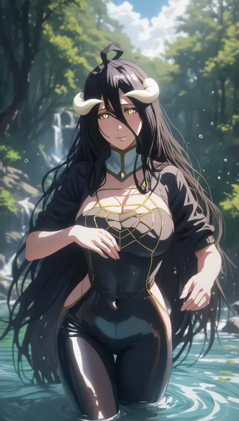 (hews art style:0.7), score_9, score_8_up, score_7_up, score_6_up, uncensored, albedo, long hair, black hair, horns, demon girl, demon horns, albedo (overlord), hair between eyes, yellow eyes, slit pupils, BREAK (masterpiece:1.2), best quality, high resolu...