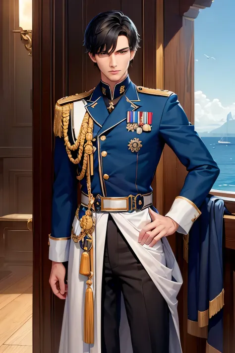 A tall, muscular man with short black hair and sharp blue eyes stands proudly in his meticulously neat military uniform. His face is marked with a few battle scars, including a prominent one running across his right cheek. He exudes an aura of bravery and ...