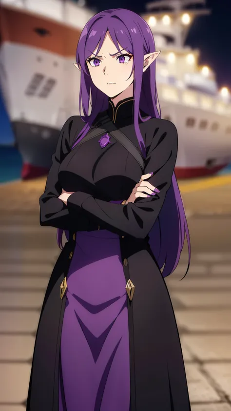 ((1woman,30 years old,mature female)),pointy ears,purple eyes,purple hair,long hair,angry,black dress,(night,harbor,ship),crossed arms,looking away