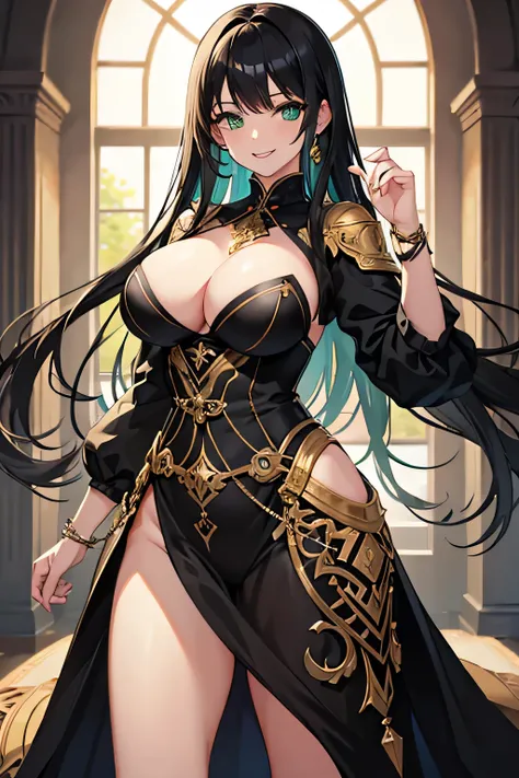 masterpiece, best quality, detailed clothes,1girl, green eyes, black hair, solo, long hair, bangs, large breasts, normal clothing, smiling, smile