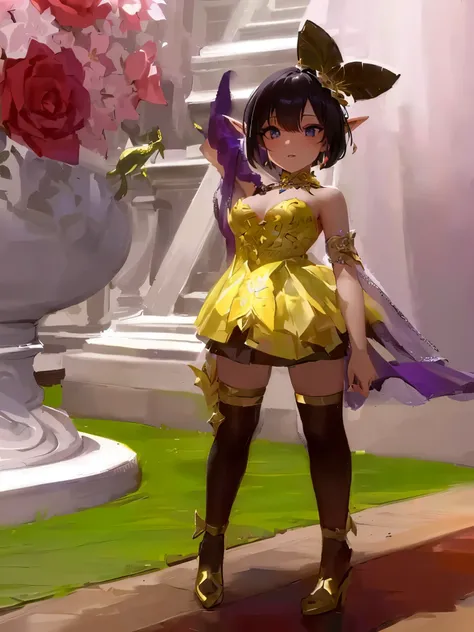 masterpiece:1.2, best quality, detailed and beautiful, a close up of a person in a dress and a vase with flowers, fantasy outfit, wearing gilded ribes, alluring mesmer woman, wearing fantasy formal clothing, succubus in tight short dress, exotic fey featur...