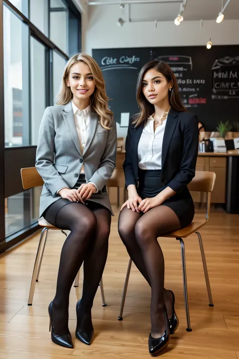 high quality,16k:1.1),(, two women sitting on chairs in a coffee shop）face each other across a desk,chatting (full body shot:1.2...