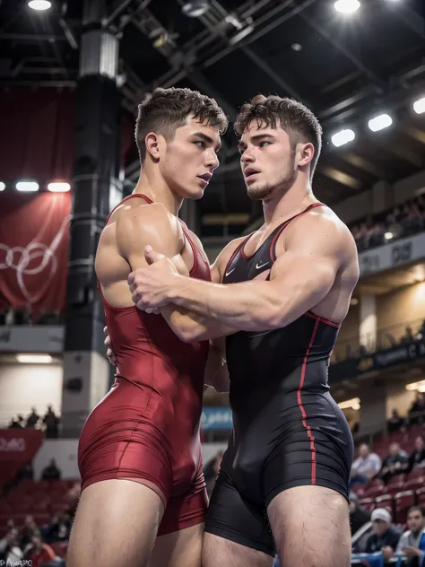 (2boys, photorealistic:1.4, ultra realistic, masterpiece:1.2, best quality, 4k), young olympic male athletes facing off for a wrestling match, wrestling with each other, wearing tight wrestling singlet, ((dynamic wrestling pose)), erotic male wrestling, th...