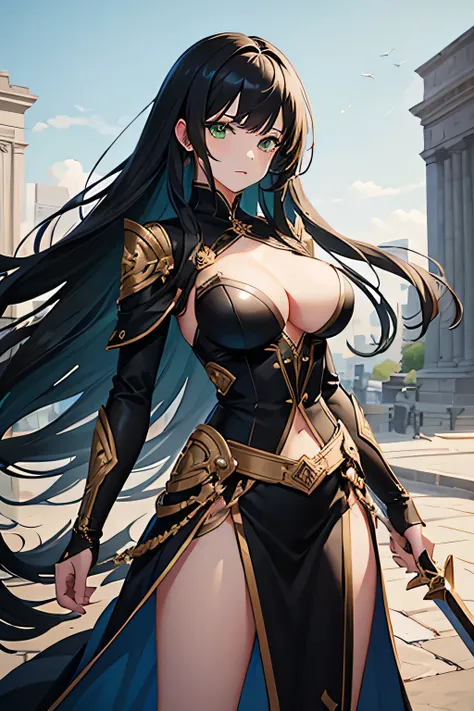 masterpiece, best quality, detailed clothes,1girl, green eyes, black hair, solo, long hair, bangs, large breasts, black and gold clothing, fighting, holding greatsword