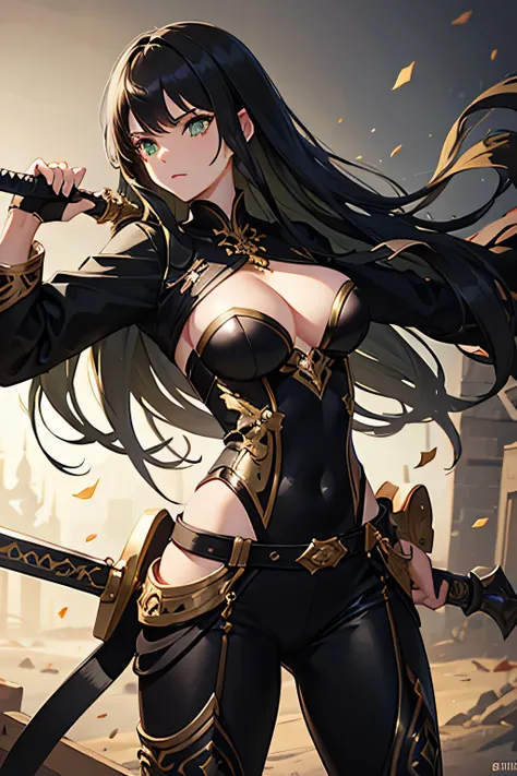 masterpiece, best quality, detailed clothes,1girl, green eyes, black hair, solo, long hair, bangs, large breasts, black and gold clothing, fighting, holding greatsword