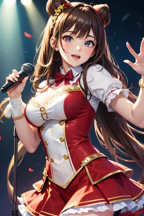 Top quality, ample limbs, perfect fingers, slender beauty, twin-tailed bun hairstyle, brown hair, Deresute, idol costume, beautiful large breasts, live stage, singing