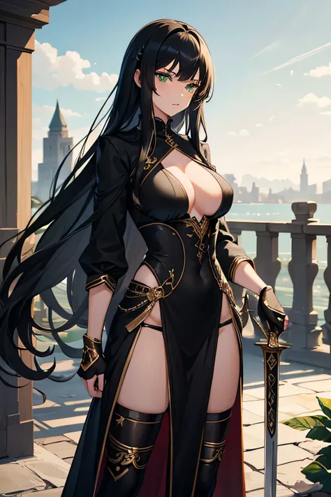 masterpiece, best quality, detailed clothes,1girl, green eyes, black hair, solo, long hair, bangs, large breasts, black and gold clothing, fighting, holding greatsword