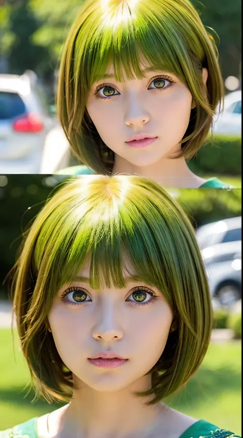 kawaii girl、golden bob cut hair、Big green eyes、