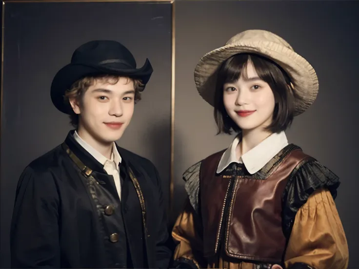 252 (An 18-year-old female and an 18-year-old male), (short hair),kind, lipstick, (Rembrandt-style painting), smile