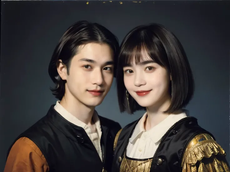 252 (An 18-year-old female and an 18-year-old male), (short hair),kind, lipstick, (Rembrandt-style painting), smile