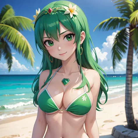 hisui e. flower, woman 18 years old, green hair, emerald eyes , smile, blush, big breasts, bikini amarillo y verde, background p...