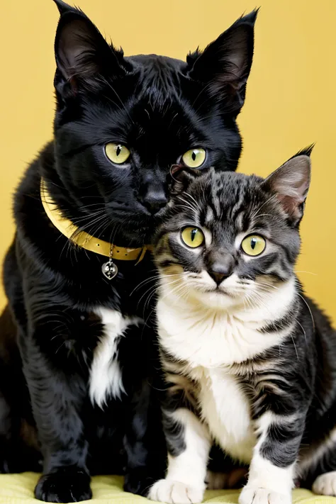 a black Schnauzer with a white chest next to a black cat with green eyes, a gray cat with yellow eyes, a yellow cat with white and yellow eyes and finally a tricolor kitten mostly yellow with gray and black with green eyes in anime and Japanese style 
