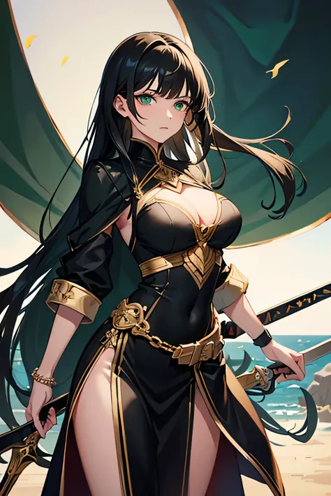 masterpiece, best quality, detailed clothes,1girl, green eyes, black hair, solo, long hair, bangs, large breasts, black and gold clothing, fighting, holding greatsword