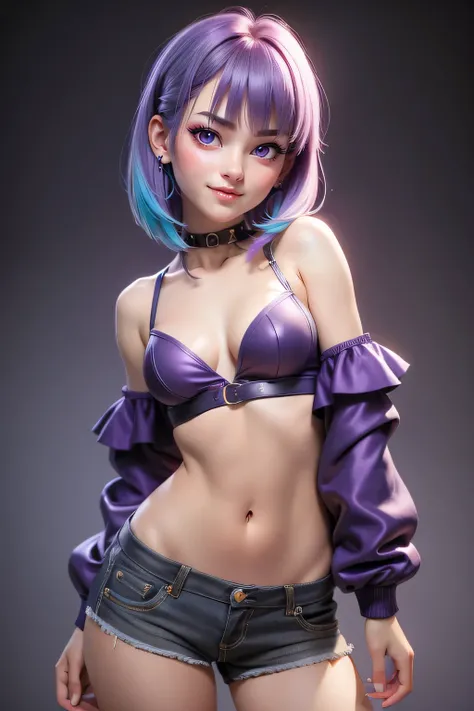 1 girl (18yo) , rainbow hair,upper body, slim waist, small breast, sexy pose, naugthy face, bangs, cleavage, navel, off shoulder, seductive smile, wear purple sexy , gray background