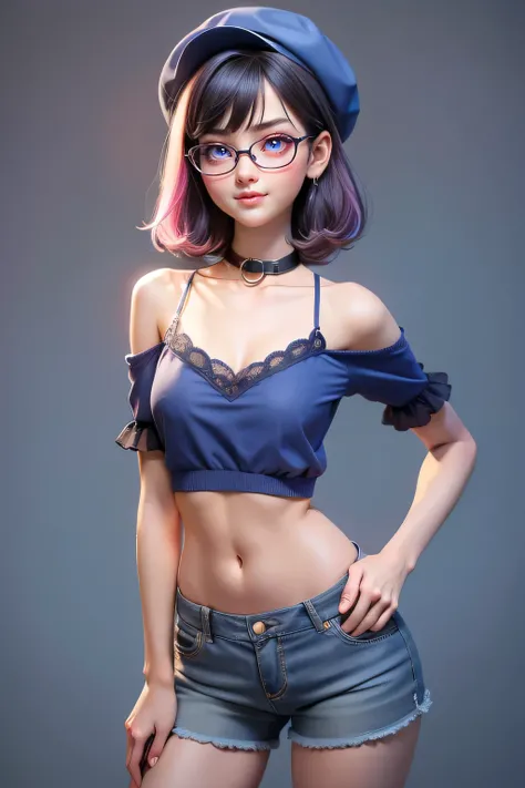 1 cute girl (18yo) glasses, upper body, slim waist, small breast, sexy pose, naugthy face, bangs, random hairstyle, cleavage, navel, collar, collarbone, off shoulder, seductive smile, wear intricately detail hot and sexy outfit, t-shirt and hot pants, wear...