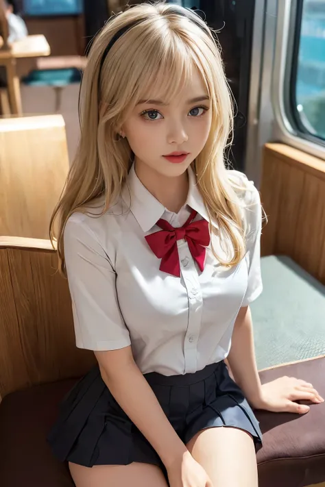 Wear a short skirt、Alafid (Alafid) Asian woman wearing bow tie sitting on train, Cute schoolgirl, Japanese schoolgirl, wearing Japanese school uniforms, Japanese school uniforms, a hyperPractical schoolgirl, Dress up as , hyperPractical , Wear school unifo...