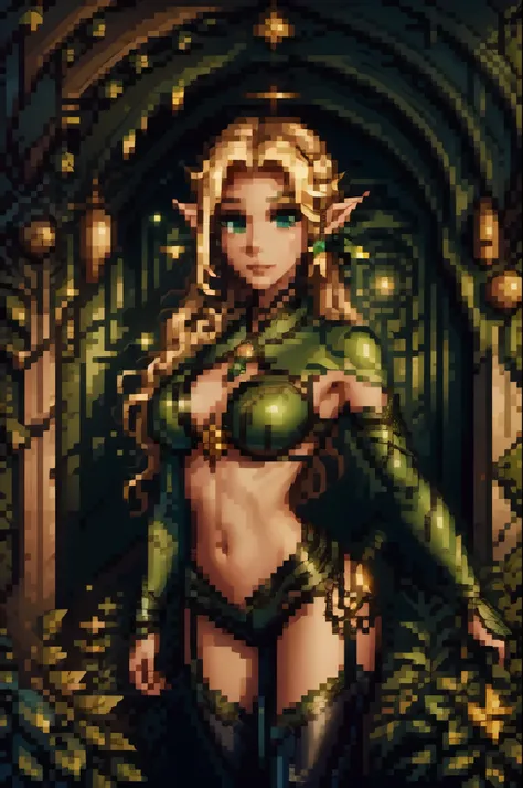 medieval setting, full view of body, (detailed elf ear, 1 woman, elven featured face, beautiful green eyes, blonde hair), leather armor, black leather pants, 