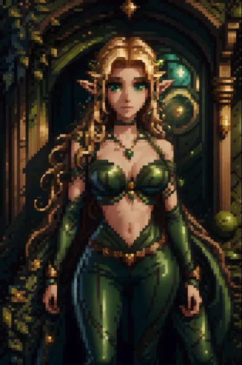 medieval setting, full view of body, (detailed elf ear, 1 woman, elven featured face, beautiful green eyes, blonde hair), leather armor, black leather pants, 