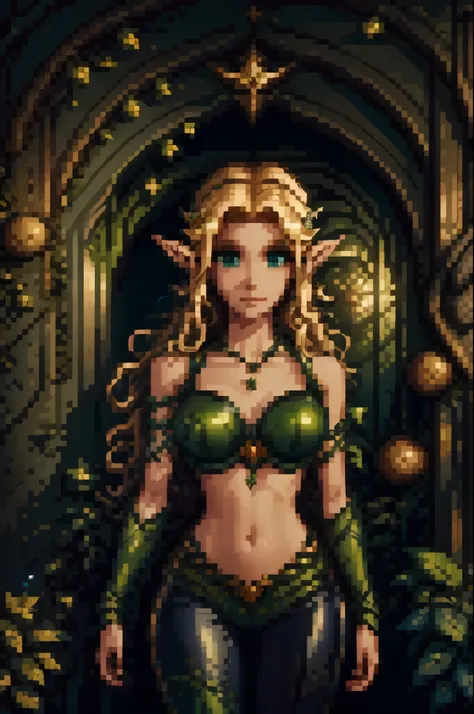 medieval setting, full view of body, (detailed elf ear, 1 woman, elven featured face, beautiful green eyes, blonde hair), leathe...