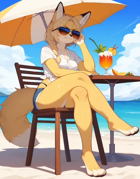 Solo, Score_9, score_8_up, score_7_up, source_cartoon, kemono style, An Anthro furry fox girl, yellow furry body, yellow fox tail , black nose, blonde hair, braided hair, wearing blue daisy dukes, a tied white shirt, visible thong, sunglasses, sunglasses c...