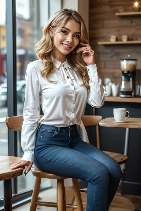 high quality,16K:1.1),((, German woman sitting on a chair in a coffee shop）, 、(Full Body Shot:1.2),(),Blonde wavy hair、、ear piercing、smile、Beautiful teeth alignment、((Long sleeve blouse、Skinny jeanid、 短いブーツ)), ,(View your audience:1.3),The background is a ...