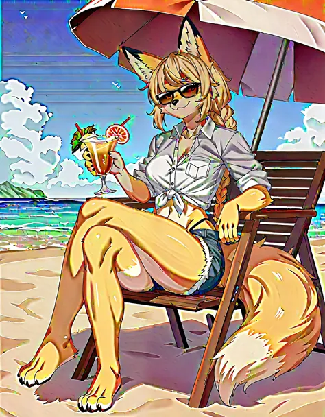 Solo, Score_9, score_8_up, score_7_up, source_cartoon, kemono style, An Anthro furry fox girl, yellow furry body, yellow fox tail , black nose, blonde hair, braided hair, wearing blue daisy dukes, a tied white shirt, visible thong, sunglasses covering eyes...