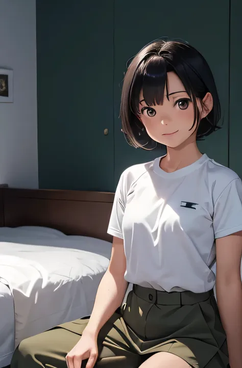 girl in combat uniform, short hair,put your hair on your ears,black hair,(smile),inside the room, summer,short sleeve,bed,sit do...