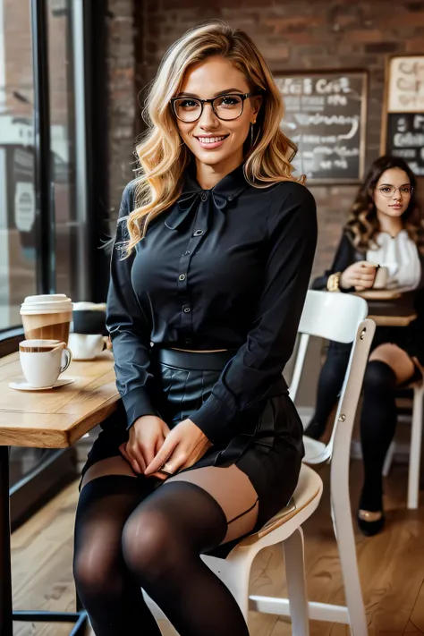 high quality,16K:1.1),((, German women sitting on chairs in a coffee shop）Facing each other across the desk,Chatting 、(Full Body Shot:1.2),(),Blonde wavy hair、Glasses、ear piercing、smile、Beautiful teeth alignment、((Long sleeve blouse、Knee-length skirt、tight...