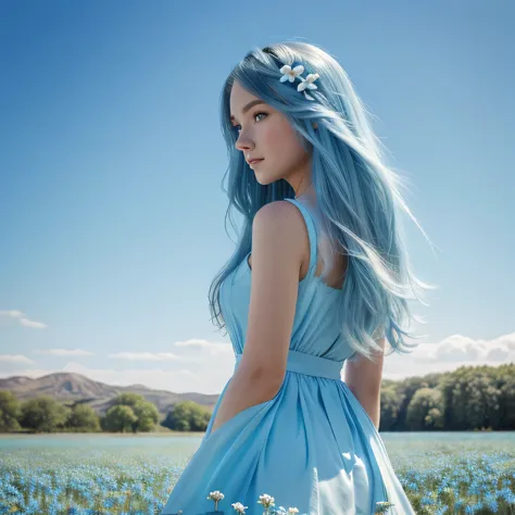 (absurdres, highres, ultra detailed, UHD, cinematic), solo, 1girl, mature, happy, girl standing in light blue flower field, light blue flower petal surrounding girl, full body, blue long hair girl, light blue hair, fantasy, dreamy, snowy, official art, pop...