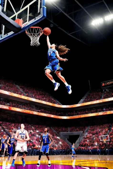 (1girl, solo), a dynamic scene of a beautiful basketball player soaring through the air for an epic dunk. the athlete's powerful...